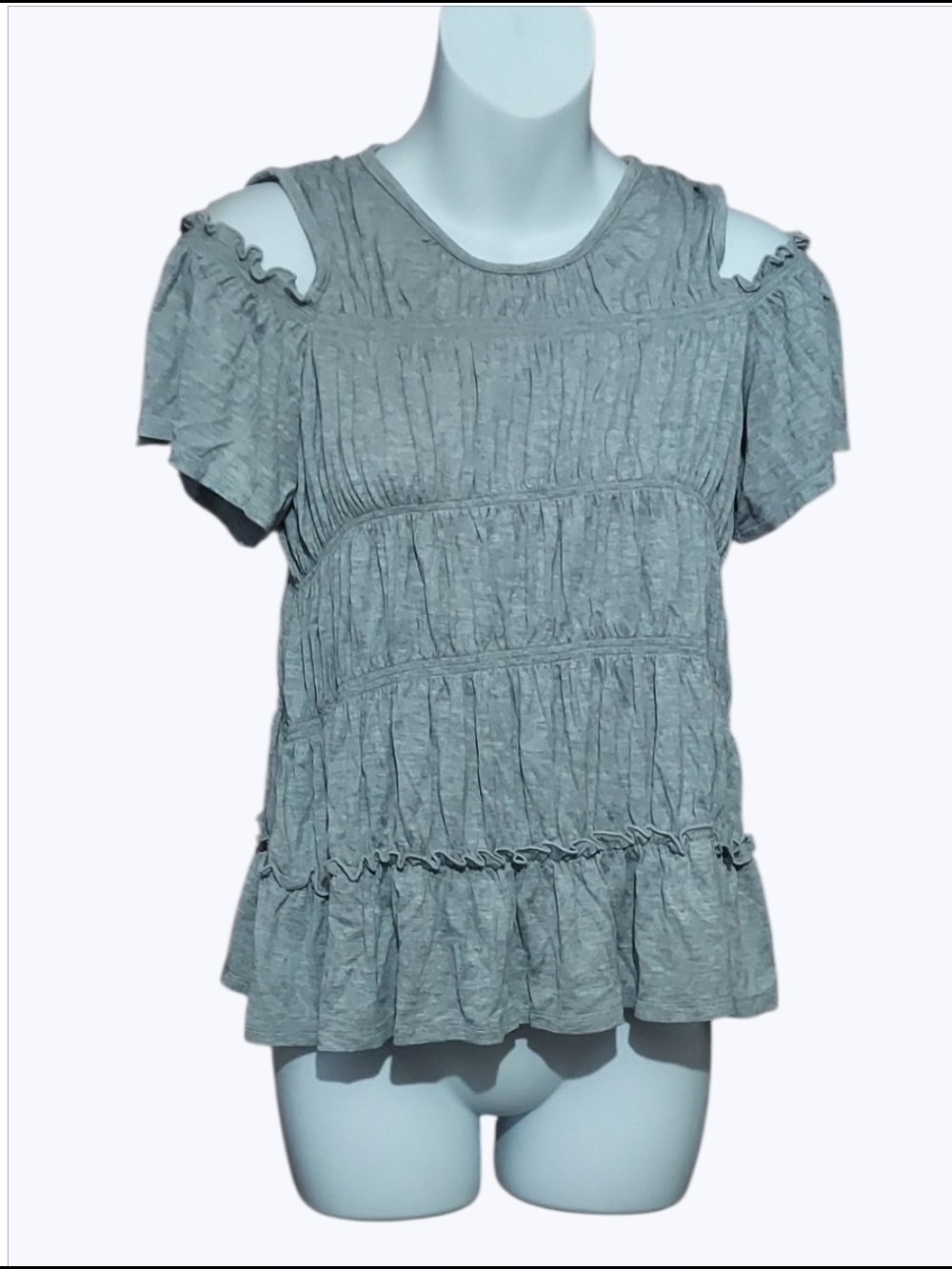 NWT love, Fire Heather Gray Cold-Shoulder Ruched Peplum Top Sz XS